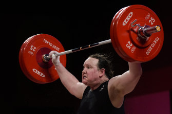 Laurel Hubbard competes at the Tokyo Olympics in the women's over 87kg weightlifting category.