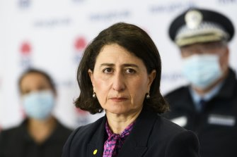 NSW Premier Gladys Berejiklian announcing a record number of daily coronavirus cases at her daily press conference in Sydney. 