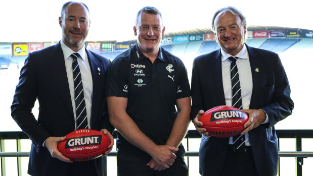 Carlton’s newly-appointed senior coach Michael Voss (centre), president Luke Sayers (left) and CEO Brian Cook.