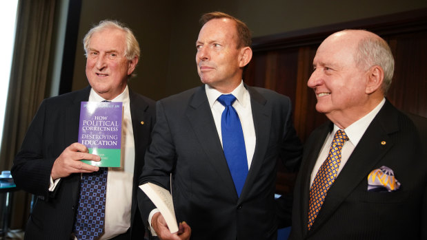 Kevin Donnelly, former prime minister Tony Abbott and radio broadcaster Alan Jones on Tuesday.