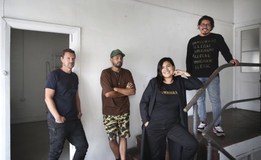 Virtual reality film heading for Sundance: director Violeta Ayala with (from left) producer Dan Fallshaw, composer XNYWOLF (Andre Patzi) and 3D Illustrator Roly Elias at the United Notions studio in Sydney’s Petersham. 