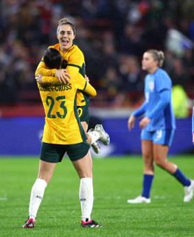 Cooney-Cross and Gorry celebrate together after April’s friendly win over European champions England.