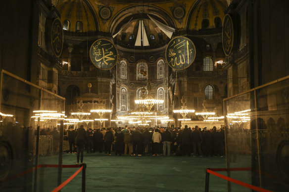 Muslims in the Hagia Sophia mosque in Istanbul on the first day of Ramadan in 2023.