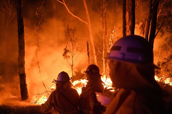 Volunteers work through the night  to prevent a flare-up from crossing the Kings Highway between Nelligen and Batemans Bay.
