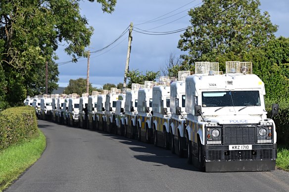 Armoured Police Land Rovers in Portadown on Sunday.
