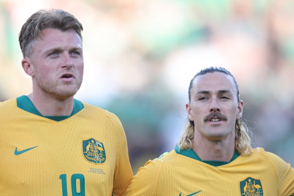 Harry Souttar (left) and Irvine before the Socceroos’ friendly against Mexico last weekend.