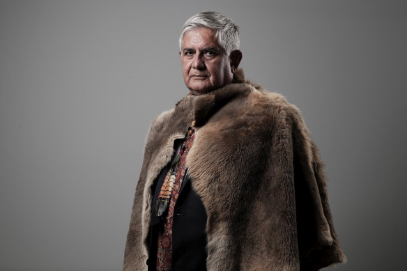 Ken Wyatt, the Minister for Indigenous Australians, wearing a booka made from kangaroo skin given to him by Noongar elders from Western Australia.