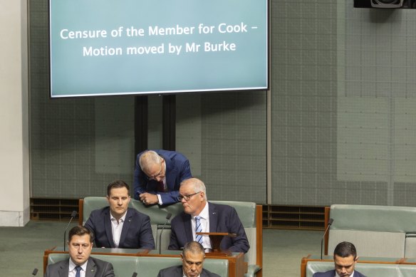 Manager of opposition business Paul Fletcher and former prime minister Scott Morrison in discussion.