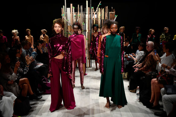 Models in Yousef Akbar's show at Mercedes-Benz Fashion Week Australia in 2017.