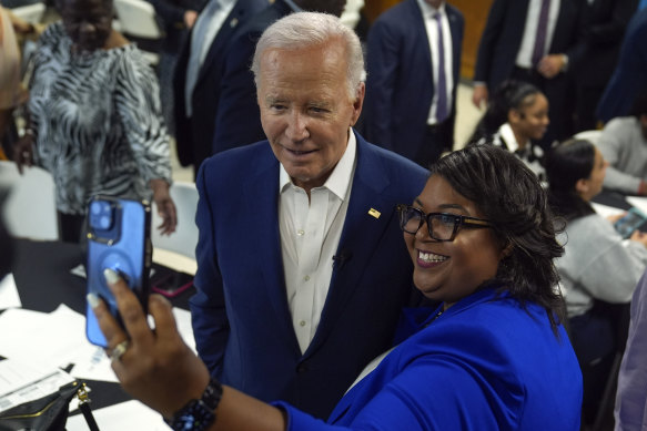 Biden meets with campaign volunteers in Racine, Wisconsin on May 8.