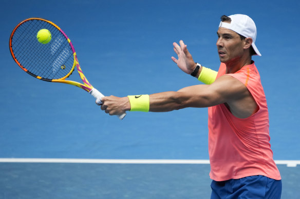 Rafael Nadal trains at Melbourne Park on Sunday.