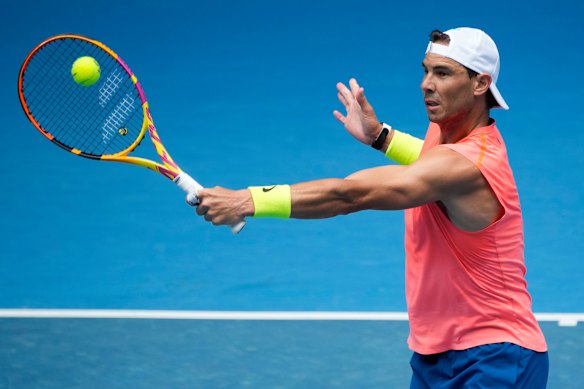 Rafael Nadal practices at Melbourne Park on Sunday.