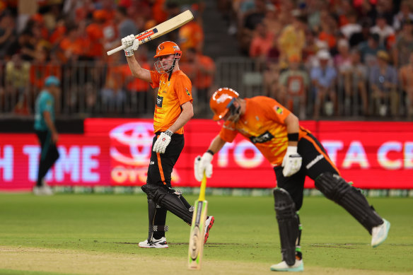 shton Turner of the Scorchers celebrates his half century.