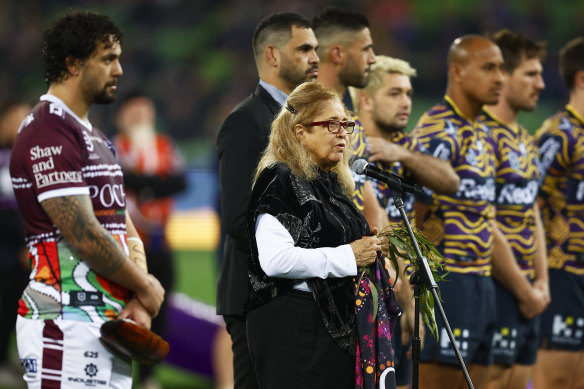 Aunty Joy Murphy performs a Welcome to Country in Melbourne before an NRL match between the Melbourne Storm and the Manly Sea Eagles.