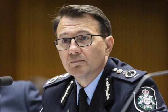 AFP Commissioner Reece Kershaw during a Senate estimates hearing at Parliament House today.