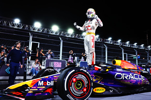 Race winner Max Verstappen celebrates in parc ferme after winning the Las Vegas Grand Prix.