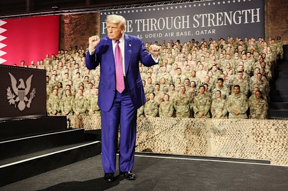 Trump before an audience of  military personnel at the Al Udeid Air Base in Qatar on May 15. 