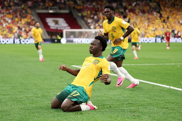 Nestory Irankunda of Australia celebrates scoring the Socceroos’ first goal during the World Cup Group D match between Australia and Turkey on June 13 in Vancouver. 