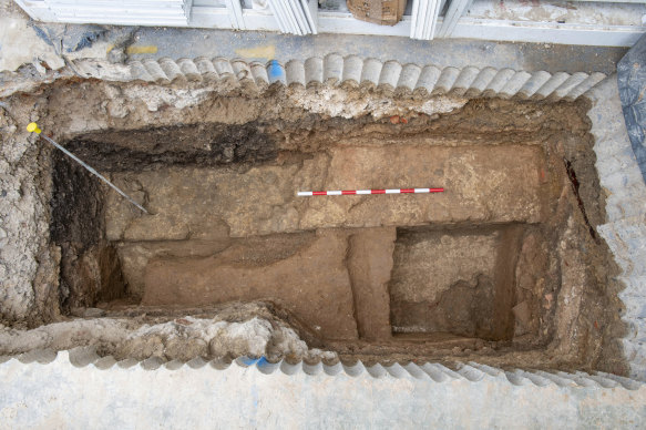 A view of part of the foundations and a wall of the Roman London basilica found by archaeologists.