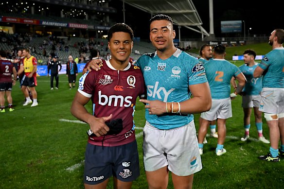 Treyvon Pritchard of the Reds and Israel Leota of Moana Pasifika last Saturday