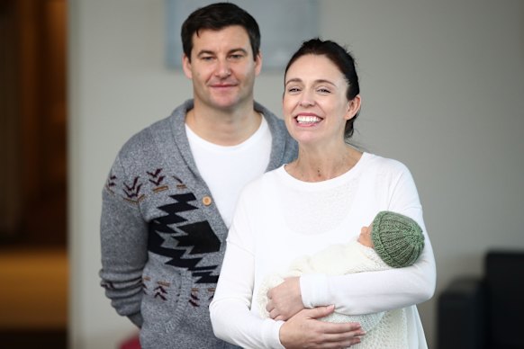 Ardern and partner Clarke Gayford with their daughter, Neve Te Aroha Ardern-Gayford, in 2018.