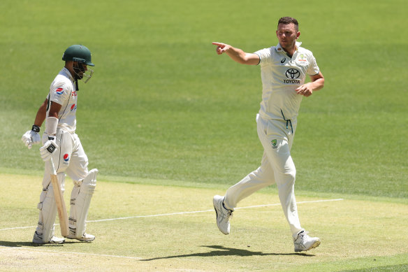 Josh Hazlewood makes a point in Perth.