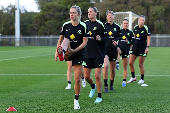 The Matildas train at the Sam Kerr Football Centre in Perth ahead of their friendly against Slovenia.