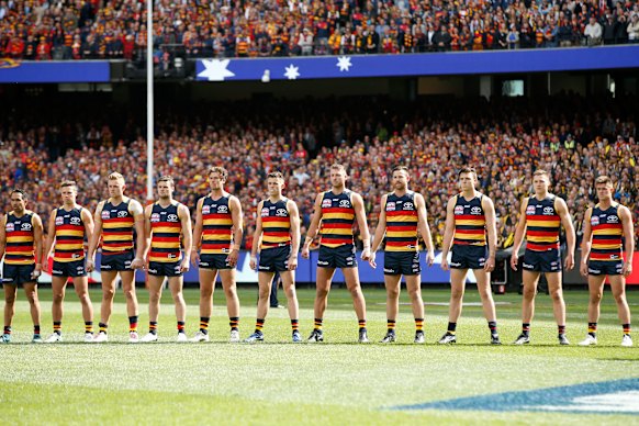 Crows players in the “power stance” as they line up for the 2017 grand final against Richmond.