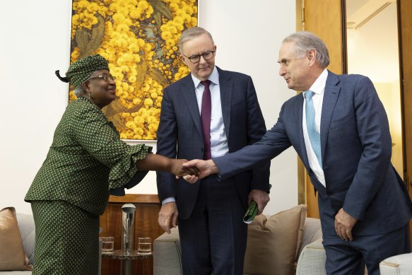 Dr Ngozi Okonjo-Iweala meets with Prime Minister Anthony Albanese and Trade Minister Don Farrell in Canberra on Tuesday.