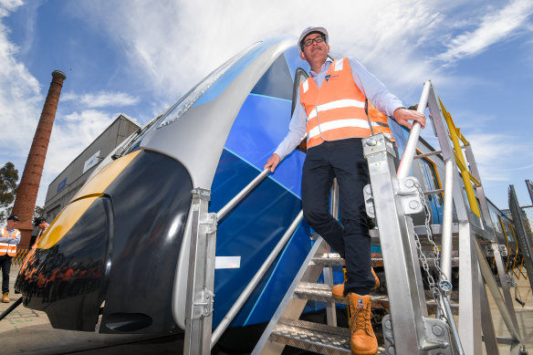 Daniel Andrews unveiled the new CRRC trains at Downer's Newport facility in 2018.