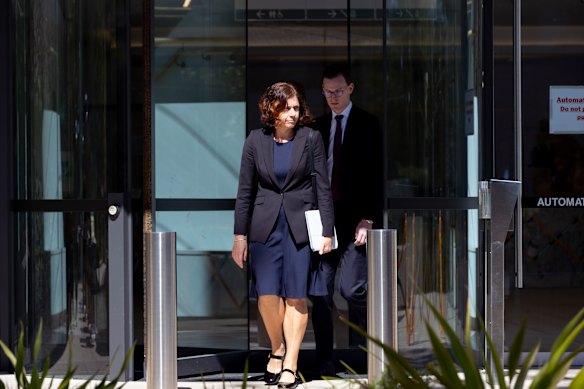Sue Chrysanthou SC leaves the Bondi Junction inquest on Monday.