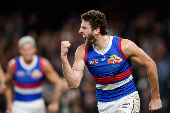 Marcus Bontempelli celebrates a goal.