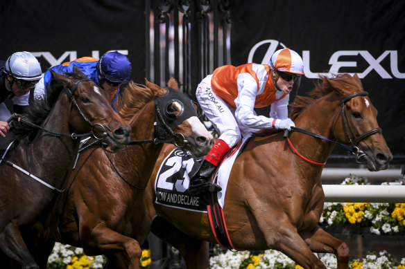 Melbourne Cup winner Vow And Declare passes the finish post.