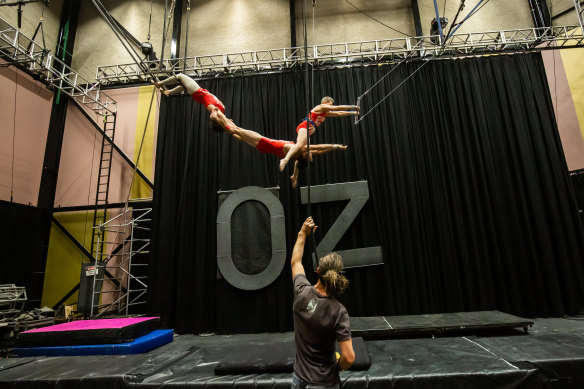 Circus Oz trapeze artists in rehearsals ahead of their show in the Melbourne International Comedy Festival.