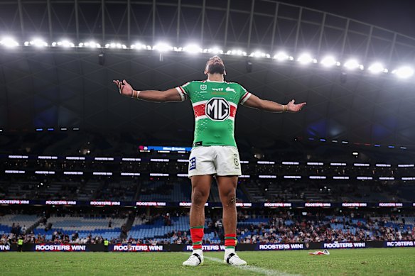Alex Johnston of the Rabbitohs celebrates being the highest try scorer in the NRL with 213 tries.
