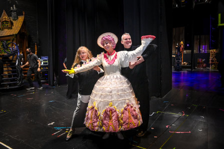 Jayde Westaby as Mrs Potts, flanked by Sue Bell and Darryl Myott in the wings of Melbourne’s Her Majesty’s Theatre.