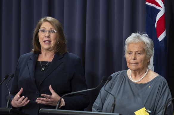 Infrastructure Minister Catherine King and Dr Kerry Schott speaking after the latter’s investigation into Inland Rail found it was mired in cost overruns and delays. 