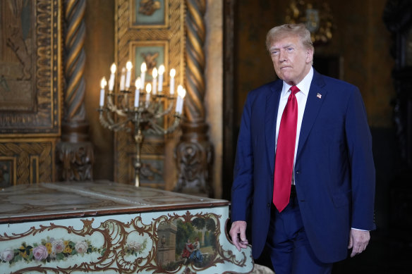 Donald Trump arrives to speak at his Mar-a-Lago estate in Palm Beach, Florida.