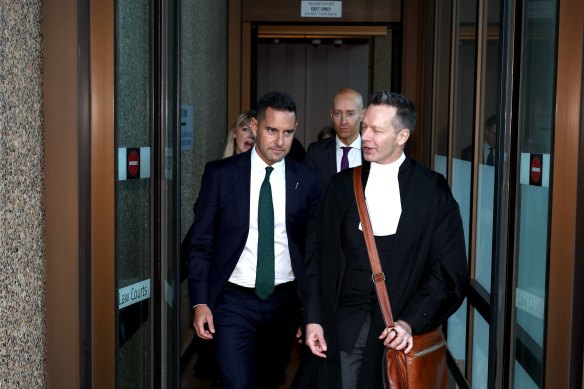 Alex Greenwich and Dr Matt Collins, KC, outside the Federal Court in Sydney on Wednesday.