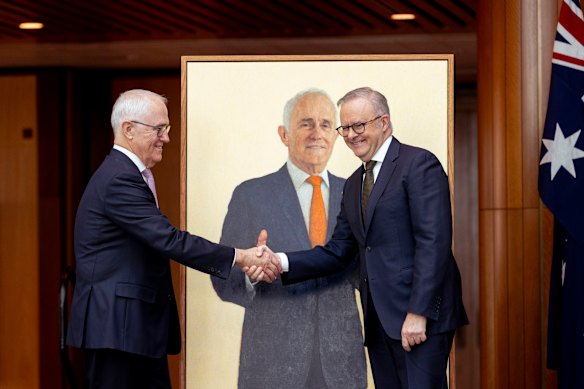 Malcolm Turnbull and Anthony Albanese at the official unveiling of the portrait of the 29th prime minister on Thursday.