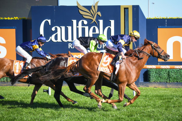 Hang Man, ridden by Daniel Stackhouse, wins the Easter Cup at Caulfield on Saturday.