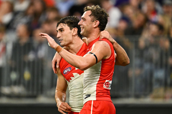 Will Hayward of the Swans celebrates a goal.