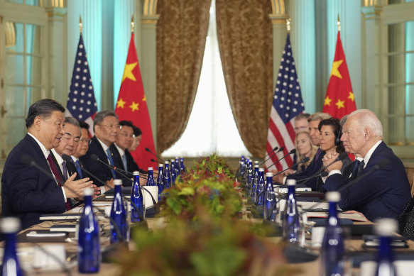 Xi Jinping and Joe Biden at their first bilateral meeting in over a year.