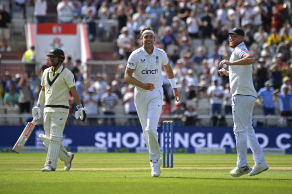 England’s Stuart Broad celebrates his 600th Test wicket.