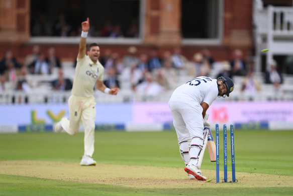 Evergreen paceman James Anderson celebrates the prized wicket of Rohit Sharma.