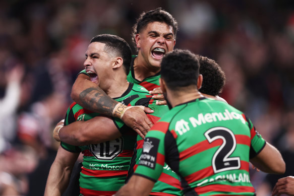 Latrell Mitchell and Cody Walker celebrate.