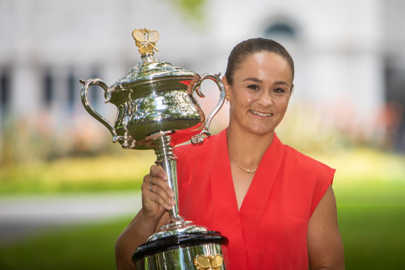 Australian Open women’s singles champion Ash Barty pictured the morning after winning the Daphne Akhurst trophy. 