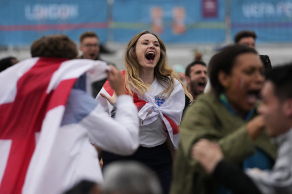 England fans watch their team play Germany in the Euro 2020 tournament at London’s Wembley Stadium on June 29.