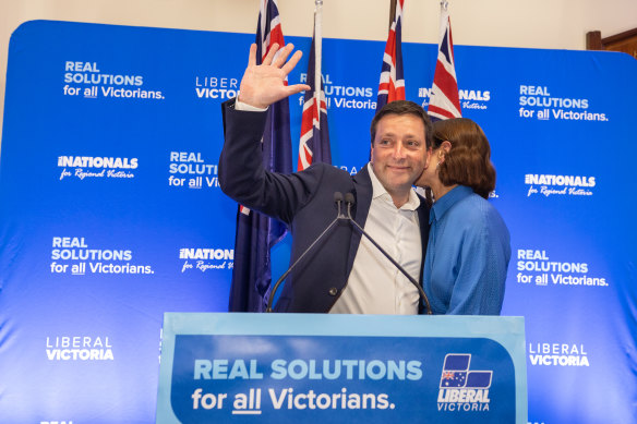 Liberal leader Matthew Guy, with wife Renae, concedes defeat at the Liberal Party function at Doncaster Bowls Club.