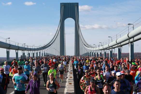 Runners cross the Verrazano-Narrows Bridge at the start of the  New York City Marathon.